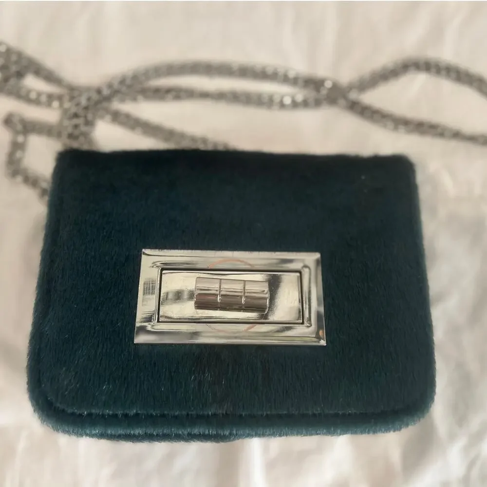 FREE PEOPLE Deep Emerald Green Faux Calf Hair Mini Crossbody Bag Silver Chain